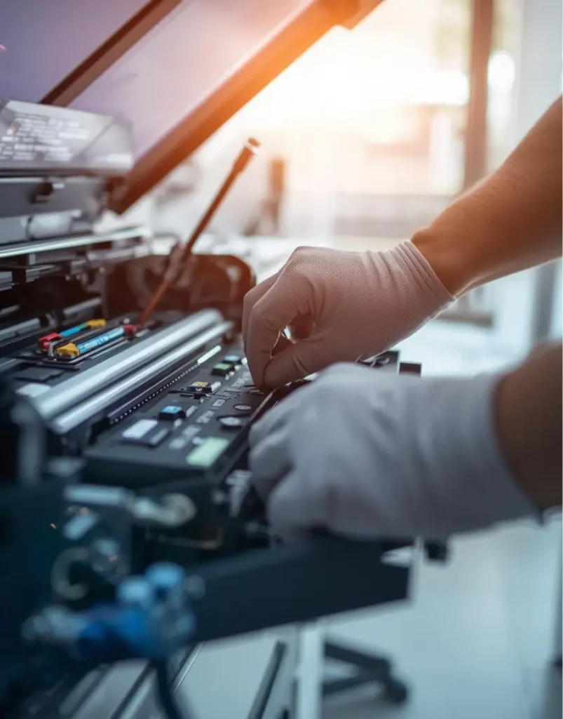 Professional Copier Repair Long Beach technician inspecting an office copier for a local client.