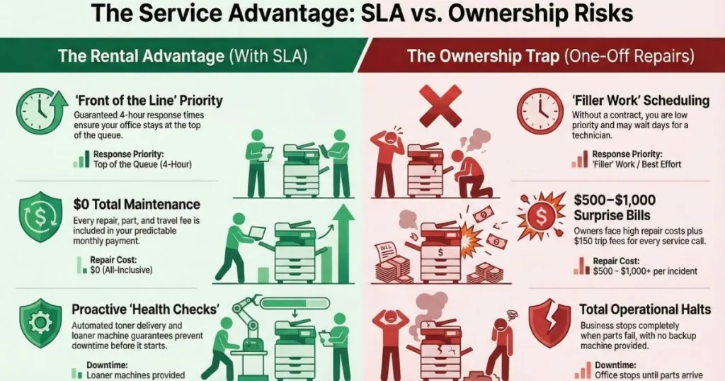 Comparison chart for Long Beach offices showing rental benefits like guaranteed 4-hour response times versus ownership risks like $1,000 surprise repair bills.