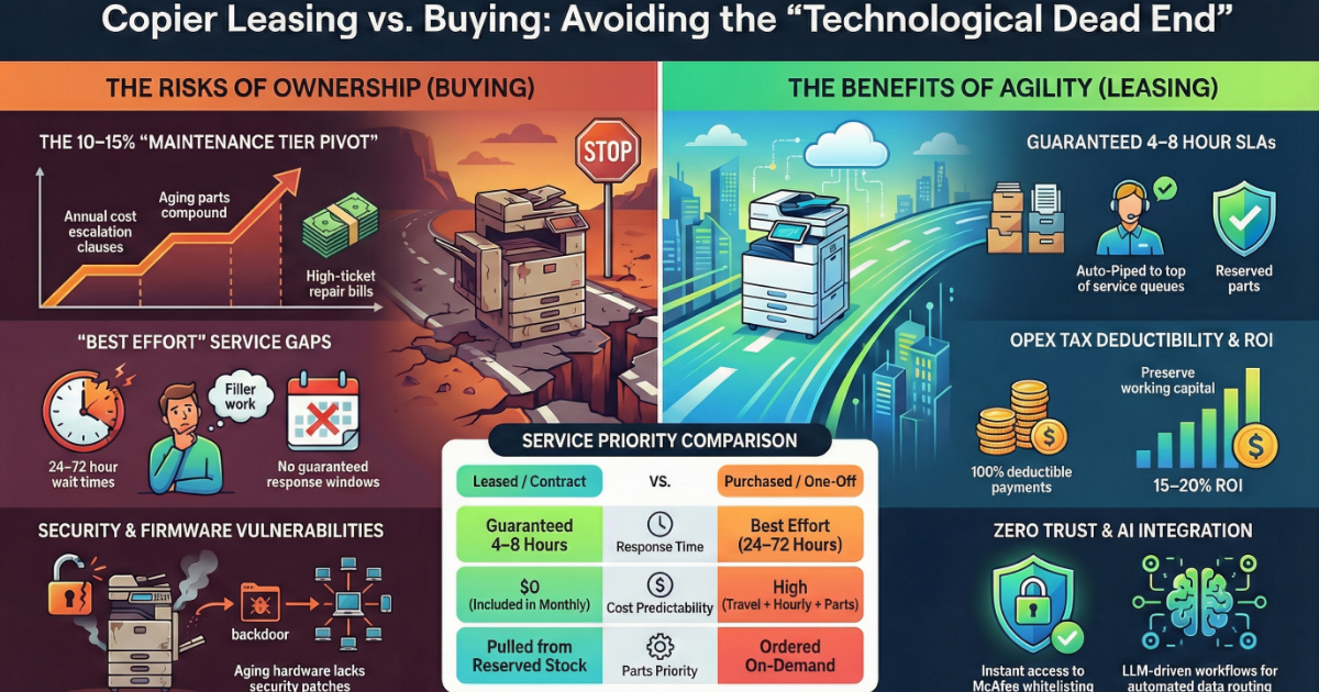 Infographic for Long Beach businesses comparing copier ownership risks like 15% cost escalation versus leasing benefits like 4-8 hour SLAs.