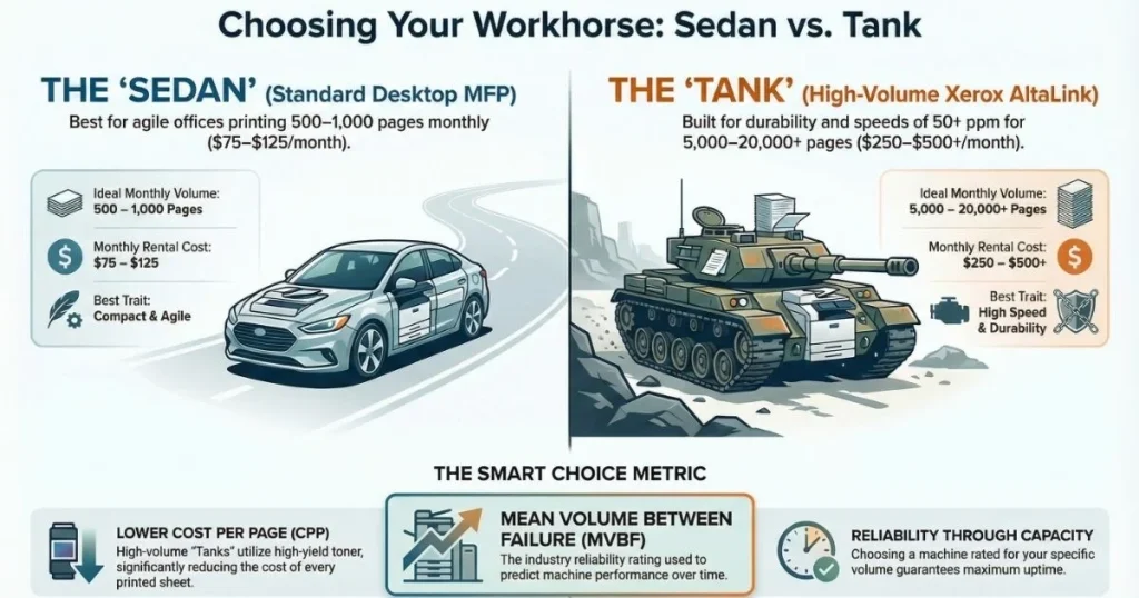 A visual comparison for Long Beach business owners between compact desktop MFPs ($75-$125/mo) and high-volume Xerox AltaLink tanks ($250-$500+/mo).