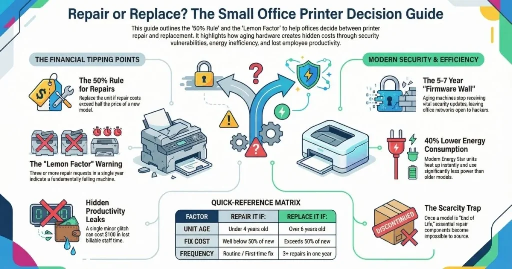 Infographic illustrating the financial tipping points for Printer Repair in Long Beach, featuring a quick-reference decision matrix.