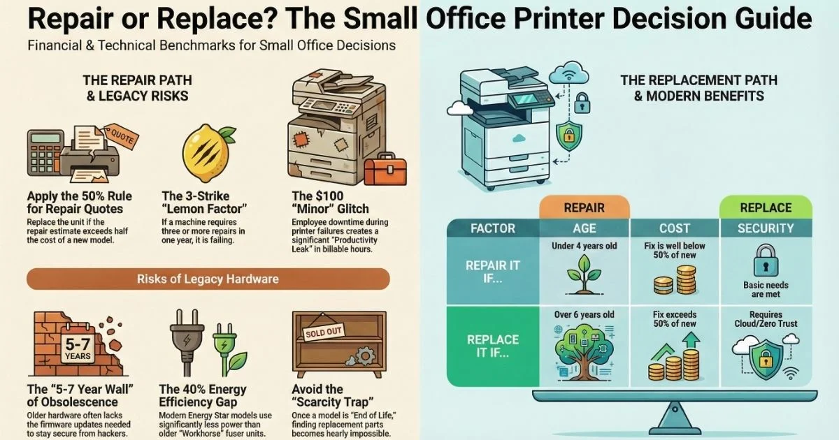 Visual guide for Long Beach businesses on Printer Repair, detailing the 50% rule, 3-strike lemon factor, and legacy hardware risks.