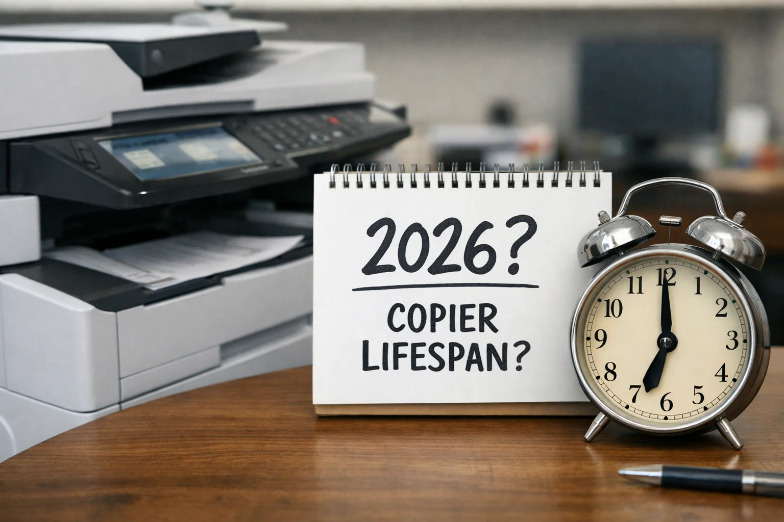 A desktop calendar and alarm clock next to an office copier questioning the average machine lifespan for Long Beach businesses in 2026.