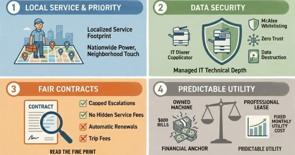 Four-step guide to a Reliable Copier Lease in Long Beach, covering local service footprints, Data Security, Fair Contracts, and Predictable Utility.