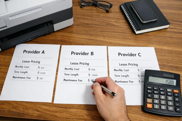A professional in Long Beach comparing copier lease pricing quotes from three different providers including monthly costs and maintenance fees.