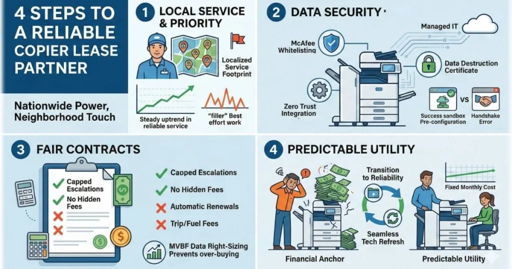Comparison chart for a Reliable Copier Lease in Long Beach, showcasing 4-hour response times, McAfee whitelisting, and no hidden service fees.