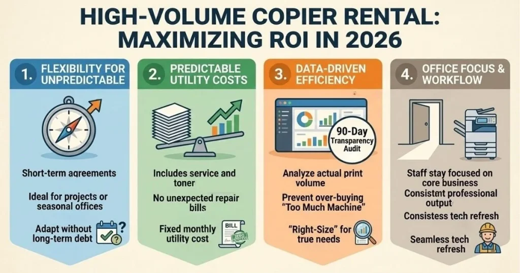 Four-step guide to maximizing ROI and managing Copier Rental Cost in Las Vegas through 90-day transparency audits and data-driven efficiency.