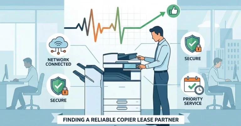 A professional technician providing a Reliable Copier Lease in Long Beach, featuring 4-hour SLAs, secure network connectivity, and priority service.