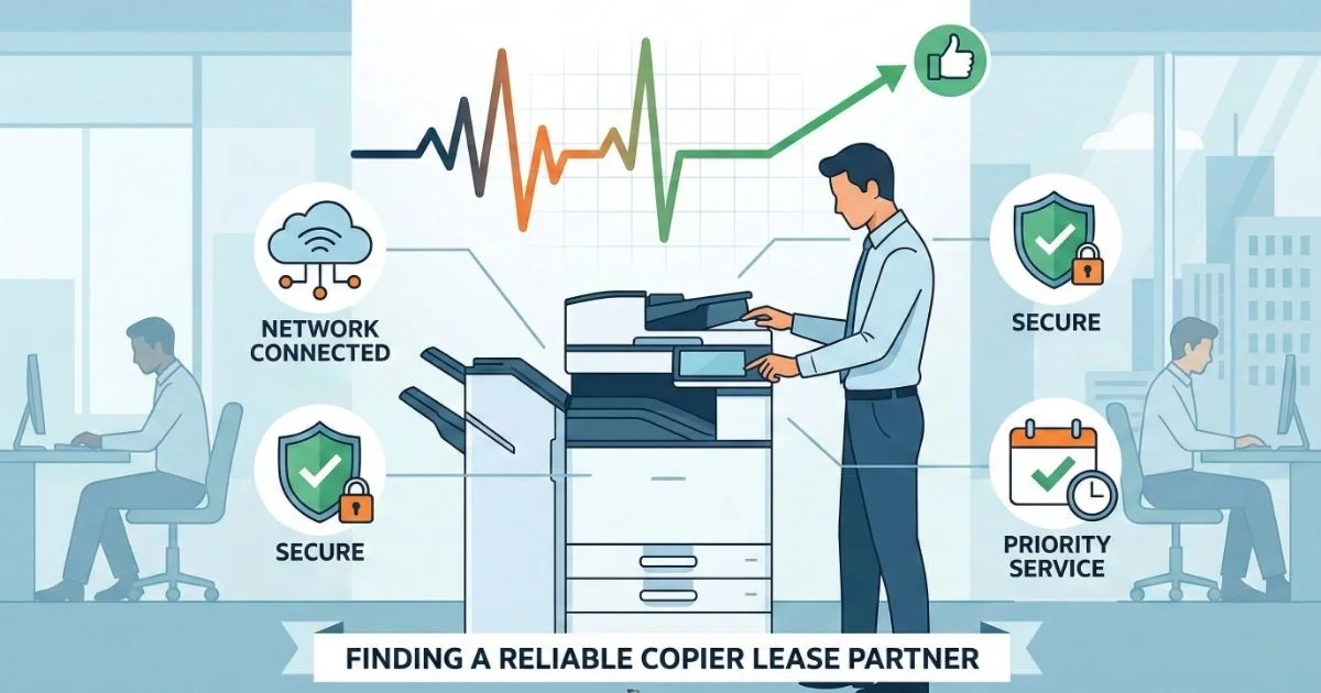A professional technician providing a Reliable Copier Lease in Long Beach, featuring 4-hour SLAs, secure network connectivity, and priority service.