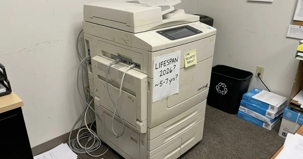 An older Xerox copier in a Long Beach office corner with a handwritten note regarding its 2026 lifespan and security patch requirements.