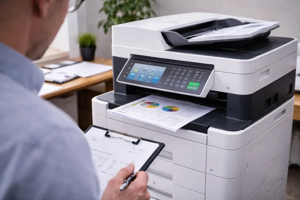 An office worker in Long Beach reviewing high-quality color charts from enterprise-grade multifunction copiers.
