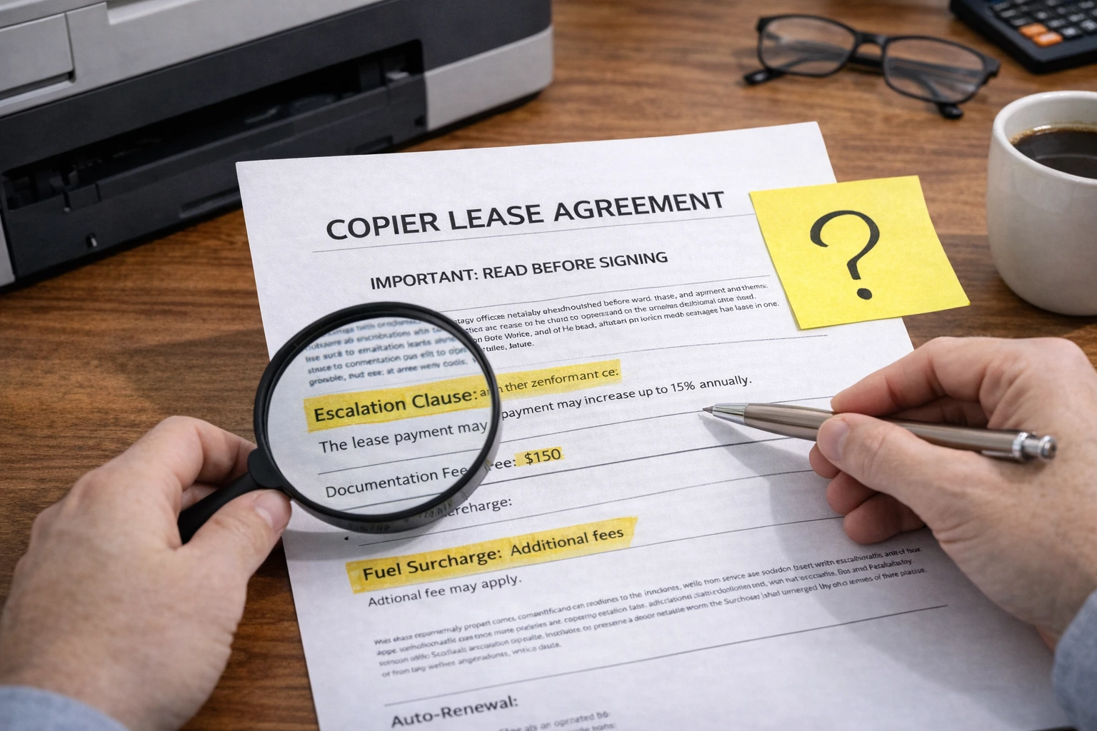 A business owner using a magnifying glass to inspect the fine print of Long Beach Copier Lease Agreements.