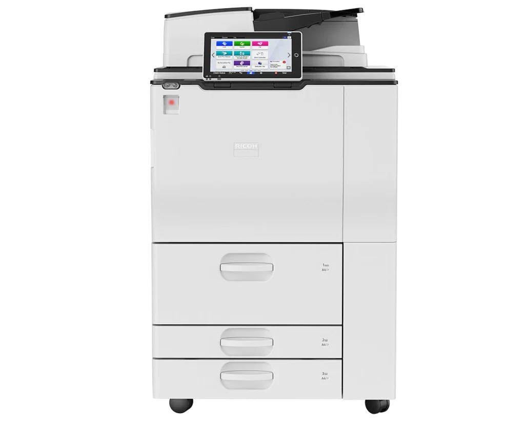 A high-capacity Ricoh multi-function printer receiving professional on-site diagnostic and repair services in a Long Beach corporate office.