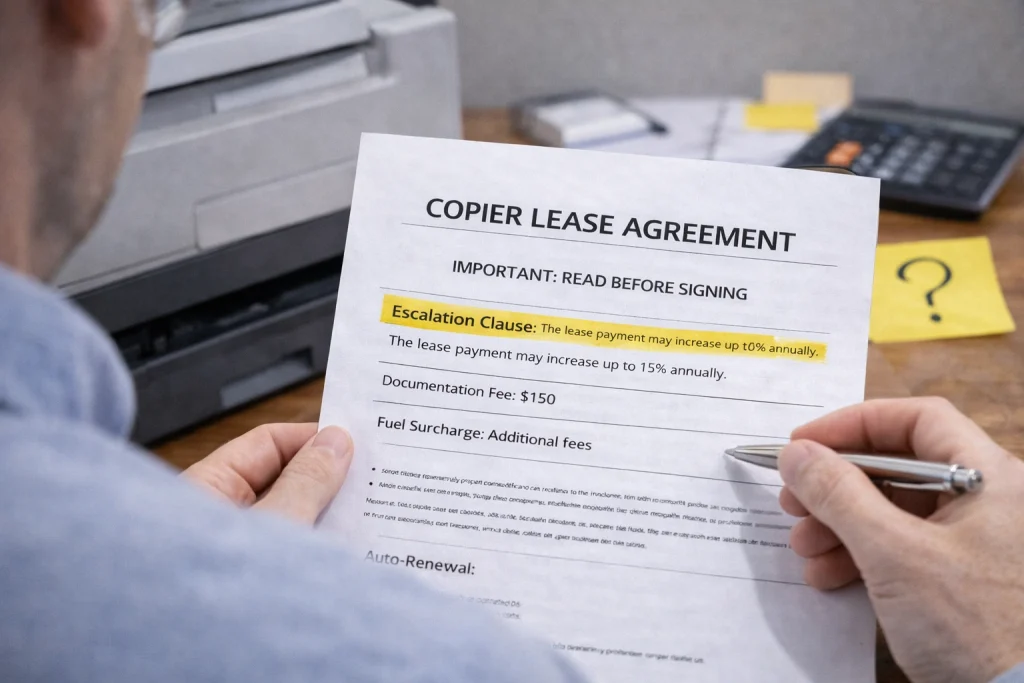 Person reviewing the "Important: Read Before Signing" section of Long Beach Copier Lease Agreements.